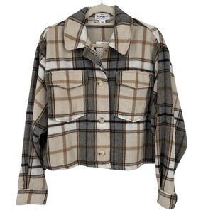 For the Republic Plaid Shacket Beige Gray Oversize Button Front Jacket Large NWT